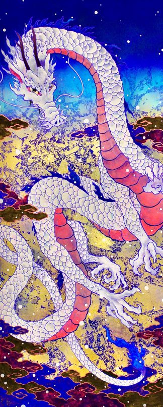 Koki Tsujimoto, Auspicious White Dragon: Soukou, 2021, h130.4×w53cm, colour on Japanese paper mounted on wooden panel