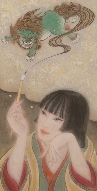 Yuki Yatsu, Picturesque Tales: Mitate Monju, 2022, h40×w20.5cm, colour on silk