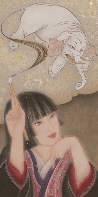 Yuki Yatsu, Picturesque Tales: Mitate Fugen, 2022, h40×w20.5cm, colour on silk