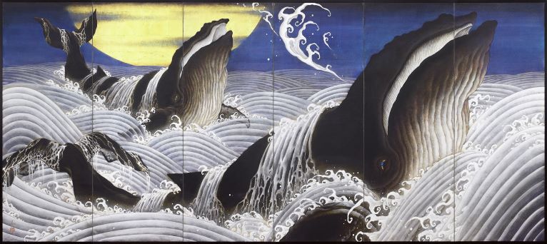 Ken Shiozaki, The Great Wave And Two Whales,  four-panel folding screen(h156×w356cm), mineral pigment, gold leaf, gold paint on Kochimashi Japanese paper mounted on wood panel.