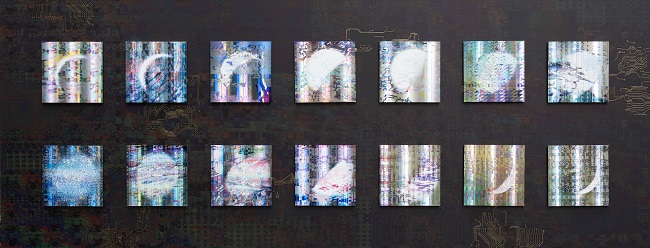 Tomoharu Okamura, Timeless Reflections, 2024, h58 × w151 cm, Kirikane and print on reflective sheet, print on hologram sheet