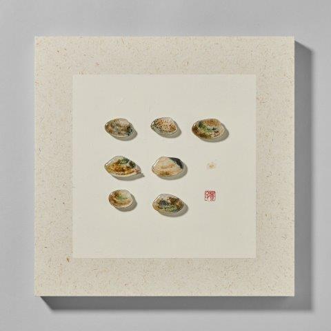 Takako Kikuchi, Clams, 2024, 27.3×27.3cm, Cloisonné enamel, colour on Japanese paper