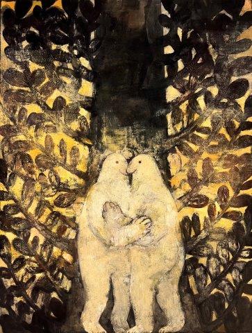 Saori Doi, A Promise for a Hundred Years Later, 2025, h60×w72㎝, Pigment, bengala, suihi, plaster, cheesecloth on panel