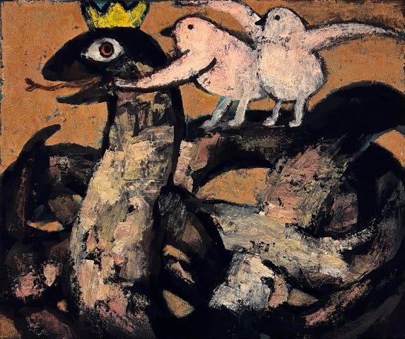 Saori Doi, The Guide, 2025, h60×w72㎝, Pigment, bengala, suihi, plaster, cheesecloth on panel