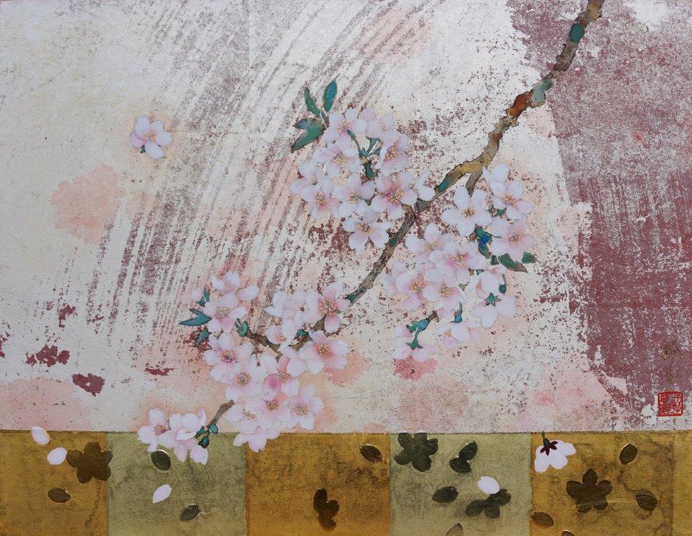 桜と草花の日本画 金箔使用 旨かっ